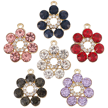 12Pcs 6 Colors Golden Plated Alloy Pendants, with Glass Rhinestone, Flower, Mixed Color, 19x16x5mm, Hole: 1.2~1.5mm, 2pcs/color