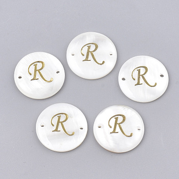 Freshwater Shell Links connectors, with Brass Findings, Flat Round, Golden, Letter.R, 20~21x3mm, Hole: 1.2mm