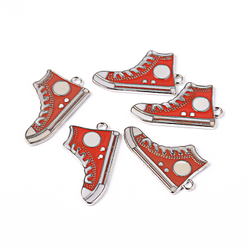 Alloy Enamel Pendants, Lead Free and Cadmium Free, Shoes, Platinum Metal Color, Red, 30x17x2mm, Hole: 1.5mm