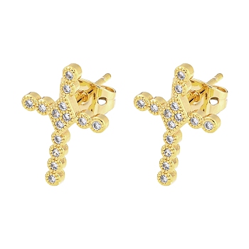 Brass Micro Pave Cubic Zirconia Ear Studs, Cross, Real 18K Gold Plated, 15x10.5mm