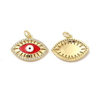 Brass Micro Pave Cubic Zirconia Pendants, with Enamel & Jump Ring, Evil Eye Charm, Golden, Red, 16x21x3mm, Hole: 3.3mm