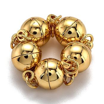 Rack Plating Brass Magnetic Clasps with Loops, N45 Grade Strong Magnet, with Soldered Jump Rings, Long-Lasting Plated, Round, Real 24K Gold Plated, 15.5x10mm, Hole: 3.5mm, Ring: 5x0.5mm