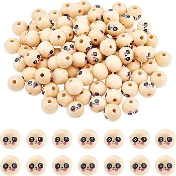 Natural Wood European Beads, Waxed and Printed, Undyed, Large Hole Beads, Round with Panda Pattern, Navajo White, 19~20mm, Hole: 5mm, about 100pcs/bag