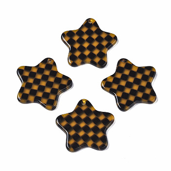 Transparent Cellulose Acetate(Resin) Pendants, Star with Grid Pattern, Coconut Brown, 26x26.5x2.5mm, Hole: 1.4mm
