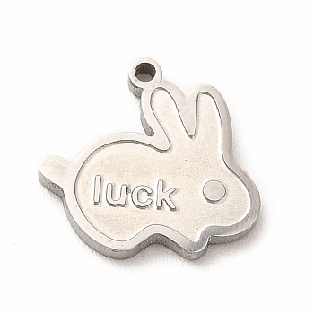 304 Stainless Steel Pendant Enamel Settings, Rabbit with Word Luck, Stainless Steel Color, 11x12x1mm, Hole: 1mm