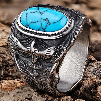 304 Stainless Steel and Synthetic Turquoise Finger Rings for Men, Oval, Stainless Steel Color, US Size 12(21.4mm)