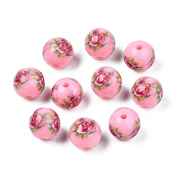 Opaque Printed Acrylic Beads, Round with Flower Pattern, Pink, 9x9.5mm, Hole: 1.8mm