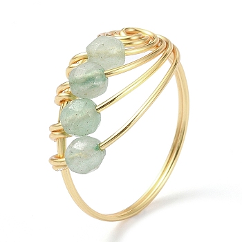 Natural Green Aventurine Round Beaded Finger Ring, Light Gold Copper Wire Wrapped Vortex Ring, US Size 8 1/2(18.5mm)