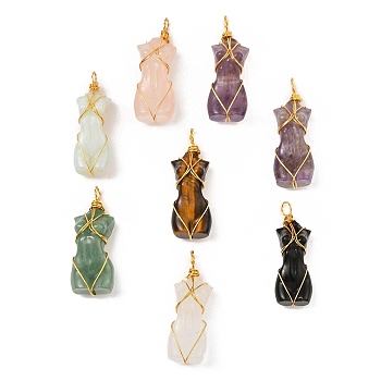 Natural & Synthetic Mixed Gemstone Pendants, with Golden Tone Rack Plating Brass Wire Wrap, Long-Lasting Plated, Lead Free & Cadmium Free, Human, 52x18.5x2.2mm, Hole: 4.8mm