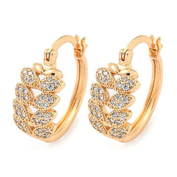 Brass Micro Pave Clear Cubic Zirconia Hoop Earrings, Leaf, Light Gold, 21x9mm