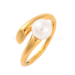 Ion Plating(IP) 304 Stainless Steel Cuff Finger Rings for Women, with Round Plastic Imitation Pearl, Golden, US Size 7(17.3mm)(RJEW-S414-41B-G-1)