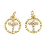 Brass Micro Pave Cubic Zirconia Pendants, Cross, Lead Free & Cadmium Free, Long-Lasting Plated, Rack Plating, with Jump Ring, Real 18K Gold Plated, 14.5x12.5x1.5mm, Hole: 3mm(X1-KK-C092-21A-G)