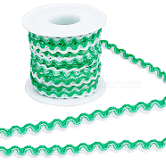 15M Polyester Wavy Fringe Trim Ribbon, Two Tone Wave Bending Lace Trim, for Clothes Sewing and Art Craft Decoration, White, Spring Green, 1/4 inch(8mm), about 16.40 Yards(15m)/Roll(OCOR-GF0003-04C)