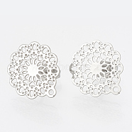 Non-Tarnish 304 Stainless Steel Stud Earring Findings, with Loop, Flower, Stainless Steel Color, 16x14mm, Hole: 1mm, pin: 0.7mm(X-STAS-S079-34B)