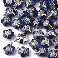 Electroplate Glass Pendants, with Light Gold Plated Brass Ice Pick Pinch Bails, Flower with Tree of Life, Dark Blue, 16~17x14x9mm, Hole: 1.2mm(EGLA-N005-004A)