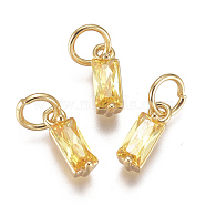 Brass Micro Pave Cubic Zirconia Charms, Long-Lasting Plated, with Jump Ring, Real 18K Gold Plated, Rectangle, Yellow, 10x3x3mm, Hole: 3mm(ZIRC-F111-03G-01)