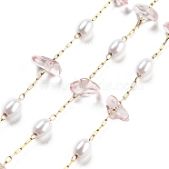 Handmade Dyed Natural Quartz Crystal and ABS Imitation Pearl Beaded Chains, with Ion Plating(IP) 304 Stainless Steel Paperclip Chains, Unwelded, Real 18K Gold Plated, Misty Rose, 2.2x1x0.5mm(CHS-P019-07G-B)