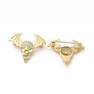 Clear Cubic Zirconia Skull with Wing Brooch Pin, Brass Badge for Backpack Clothes, Real 18K Gold Plated, 28x22.5x8mm, Hole: 1.2mm(JEWB-M025-03G)