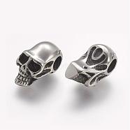 304 Stainless Steel European Beads, Skull, Large Hole Beads, Antique Silver, 21x10.5x11.5mm, Hole: 5mm(STAS-A032-073AS)