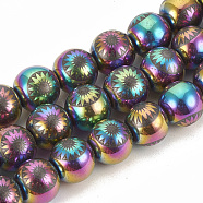 Electroplate Non-magnetic Synthetic Hematite Beads Strands, Round with Flower, Multi-color Plated, 9.5~10x10~11mm, Hole: 1.5mm, about 40pcs/strand, 15.7 inch(G-T065-10mm-03A)