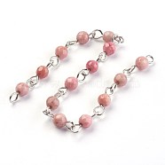 Handmade Natural Rhodochrosite Beads Chains, Unwelded, with Iron Eye Pin, Round, Faceted, Platinum, 12~12.5x4~4.5mm, about 39.37 inch(1m)/strand(AJEW-JB00454-02)
