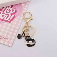 Zinc Alloy Enamel Cat with Piano & Musical Note Pendant Keychain, for Bag Car Key Decoration, Black, 9cm(PW-WG11132-03)