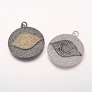 Brass Micro Pave Cubic Zirconia Pendants, Flat Round with Eye, Mixed Color, 37x34x3mm, Hole: 4mm(ZIRC-L061-17)
