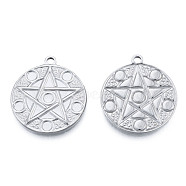201 Stainless Steel Pendants, Flat Round with Star, Stainless Steel Color, 28.5x25x2mm, Hole: 2mm(STAS-N098-214P)