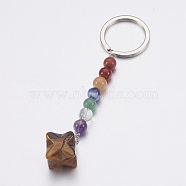 Natural Tiger Eye Chakra Keychain, with Mixed Stone and Platinum Plated Brass Key Rings, Merkaba Star, 90mm(KEYC-P040-A09)