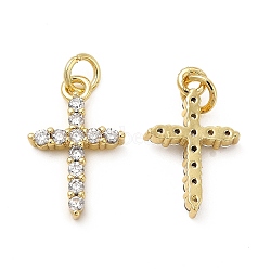 Brass Micro Pave Cubic Zirconia Pendants, with Jump Ring, Religion Cross Charm, Golden, 18.5x11.5x3mm, Hole: 3.3mm(KK-E068-VB271)