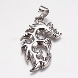 304 Stainless Steel Big Pendants, Dragon, Stainless Steel Color, 53x30x3mm, Hole: 7x9mm(STAS-P225-061P)
