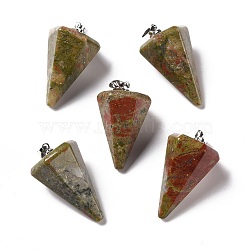 Natural Unakite Pendants, with Platinum Tone Brass Findings, Faceted Cone, 25~28x15~16x13~14mm, Hole: 2x6mm(G-F714-02A)