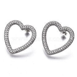 Brass Micro Pave Clear Cubic Zirconia Stud Earrings, with Ear Nuts, Heart, Nickel Free, Platinum, 25x25mm, Pin: 0.8mm(EJEW-T046-012P-NF)