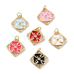 Brass Micro Pave Cubic Zirconia Pendants, with Enamel, Long-Lasting Plated, Cadmium Free & Lead Free, Real 18K Gold Plated, Rhombus with Word LOVE, Mixed Color, 11.5x11.5x2mm, Hole: 3.6mm(ZIRC-P092-026G-RS)