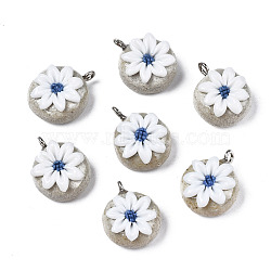 Handmade Porcelain Pendants, with Iron Findings, Famille Rose Style, Flat Round with Flower, Royal Blue, 20~22x16~17x10~11mm, Hole: 2mm(PORC-N004-136)
