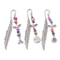 Tibetan Style Alloy Feather Bookmark, with Synthetic Turquoise Beads and Yoga Charm, Antique Silver, 115x12x3mm(AJEW-JK00310)