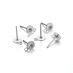 304 Stainless Steel Stud Earring Findings, with Loop, Flat Round, Stainless Steel Color, 12x6x0.4mm, Hole: 1.5mm, Pin: 0.8mm(STAS-P210-43P)
