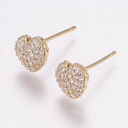 Brass Micro Pave Cubic Zirconia Stud Earrings, with Ear Nuts, Heart, Golden, 7.5x9x4mm, Pin: 0.9mm(X-EJEW-F125-08G)