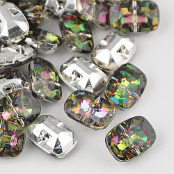 Taiwan Acrylic Rhinestone Buttons, Faceted, 1-Hole, Rectangle, Colorful, 30x21x10.5mm, Hole: 2mm(BUTT-F019-30mm-13)