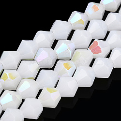 Imitation Jade Electroplate Glass Beads Strands, AB Color Plated, Faceted, Bicone, Snow, 6x6mm, Hole: 1.2mm, about 45~47pcs/strand, 9.65~9.84 inch(24.5~25cm)(EGLA-A039-J6mm-L06)