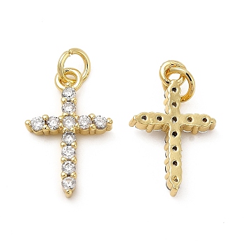Brass Micro Pave Cubic Zirconia Pendants, with Jump Ring, Religion Cross Charm, Golden, 18.5x11.5x3mm, Hole: 3.3mm