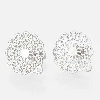 Non-Tarnish 304 Stainless Steel Stud Earring Findings, with Loop, Flower, Stainless Steel Color, 16x14mm, Hole: 1mm, pin: 0.7mm