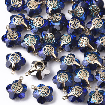 Electroplate Glass Pendants, with Light Gold Plated Brass Ice Pick Pinch Bails, Flower with Tree of Life, Dark Blue, 16~17x14x9mm, Hole: 1.2mm