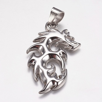 304 Stainless Steel Big Pendants, Dragon, Stainless Steel Color, 53x30x3mm, Hole: 7x9mm