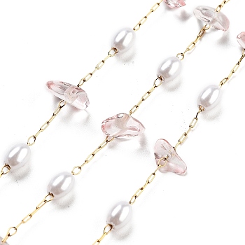 Handmade Dyed Natural Quartz Crystal and ABS Imitation Pearl Beaded Chains, with Ion Plating(IP) 304 Stainless Steel Paperclip Chains, Unwelded, Real 18K Gold Plated, Misty Rose, 2.2x1x0.5mm