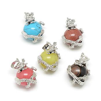 Synthetic & Natural Natural & Synthetic Mixed Stone Pendants, with Alloy Findings, Dragon, Platinum, 33x24x20mm, Hole: 5mm