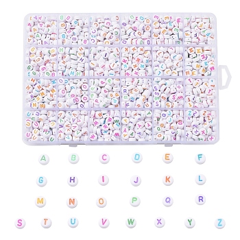 Alphabet Acrylic Beads, Horizontal Hole, Flat Round, Mixed Color, Letter A~Z, 7x3.5~4mm, Hole: 1.2mm, about 1776pcs/box