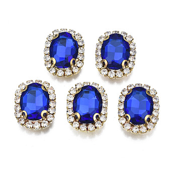 Sew on Rhinestone, Transparent Glass Rhinestone, with Brass Prong Settings, Faceted, Oval, Medium Blue, 18x14x7mm, Hole: 0.9mm