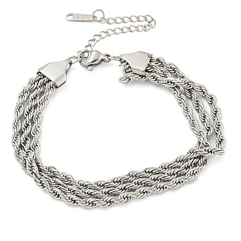 304 Stainless Steel 3-Strand Rope Chain Bracelets for Women, Stainless Steel Color, 6-1/2 inch(16.4cm)