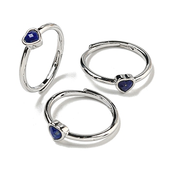 Heart Natural Lapis Lazuli Adjustable Rings, Brass Ring for Women, Long-Lasting Plated, Lead Free & Cadmium Free, Platinum, Inner Diameter: 18mm